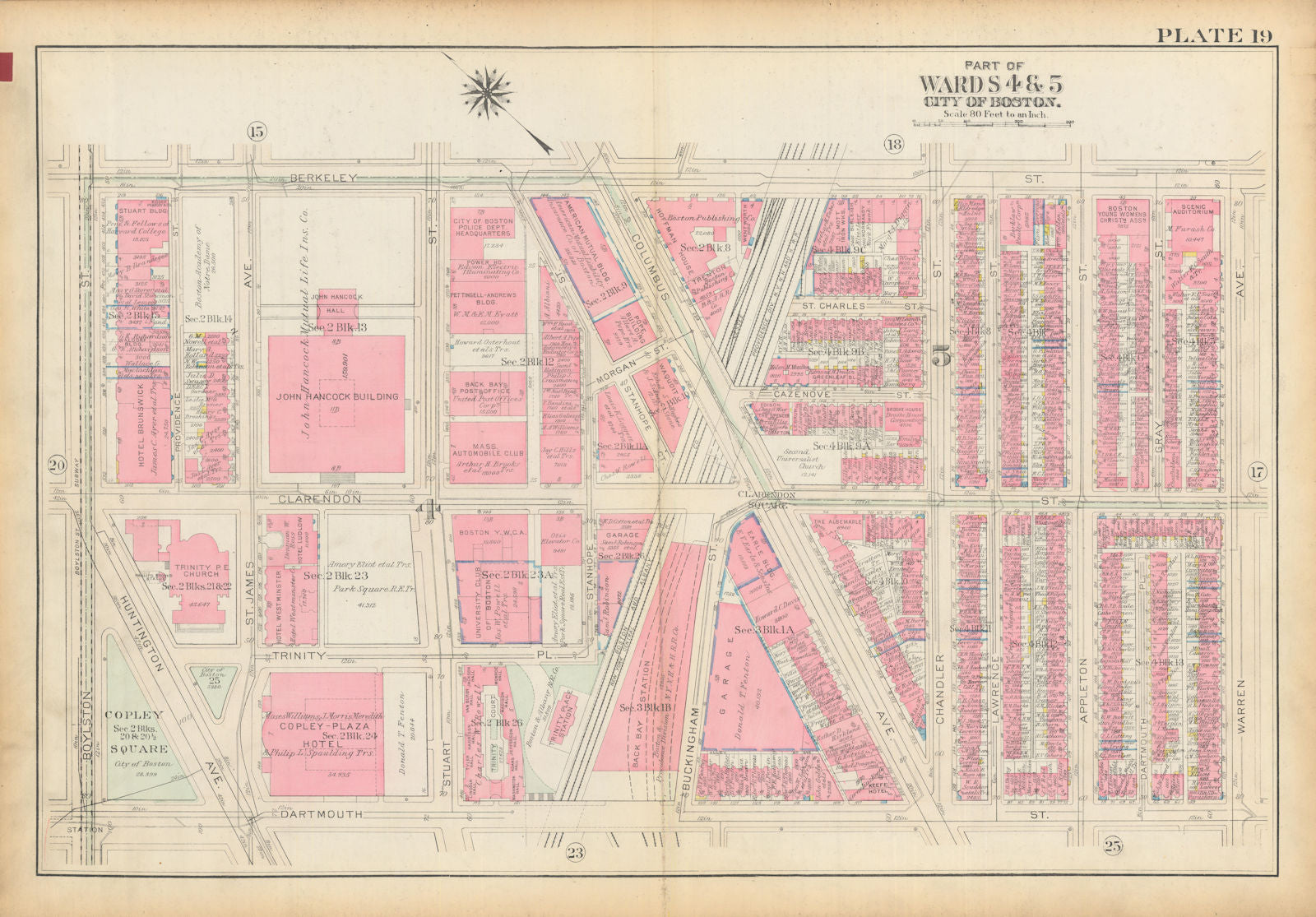 Boston #19 Back Bay Station/South End. Copley. Hancock Tower. BROMLEY 1928 map